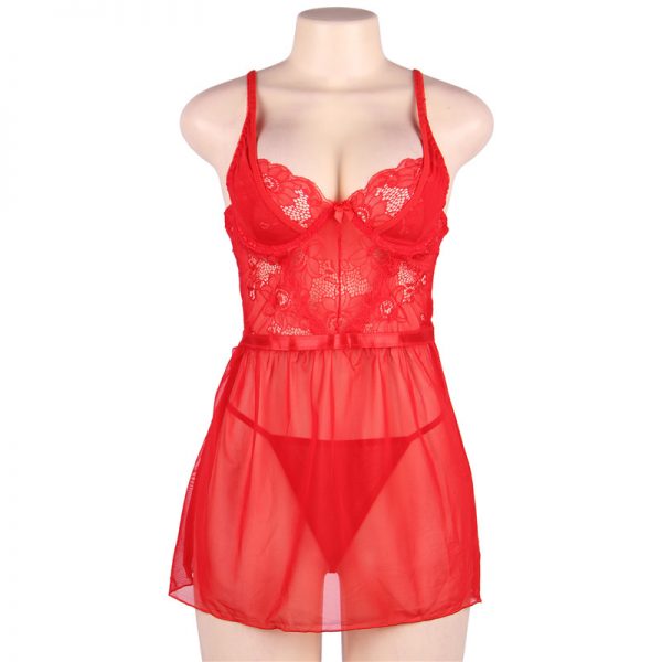 Elegant Red Lace Straps Backless Babydoll Set With Steel Ring