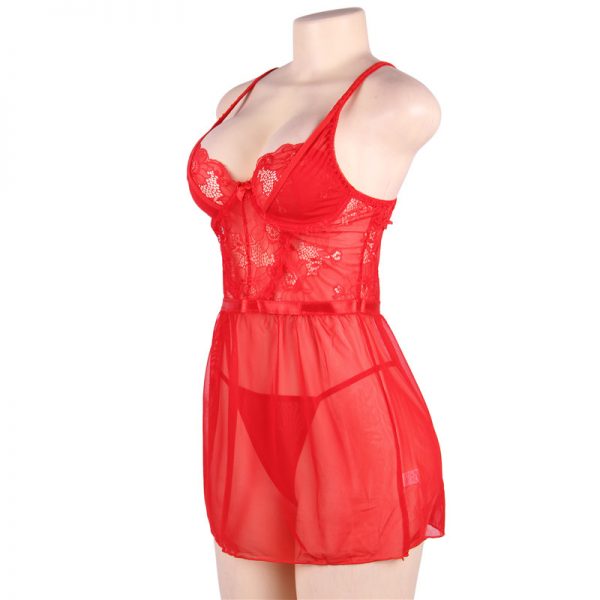 Elegant Red Lace Straps Backless Babydoll Set With Steel Ring - Image 2