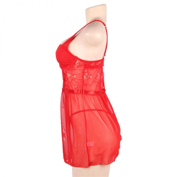 Elegant Red Lace Straps Backless Babydoll Set With Steel Ring - Image 3
