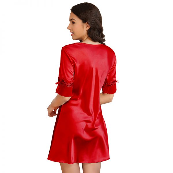 Elegant Red Lace Trimming Babydoll Satin Set - Image 2