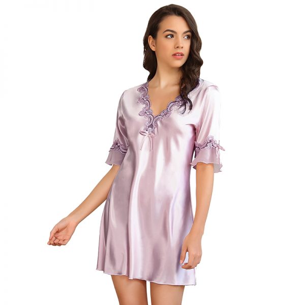 Elegant Purple Lace Trimming Babydoll Satin Set