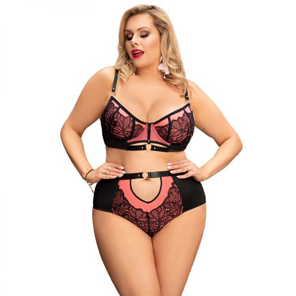 Plus Size Pink Exquisite Sexy Lace Splice Bra Set With Underwire - Image 2