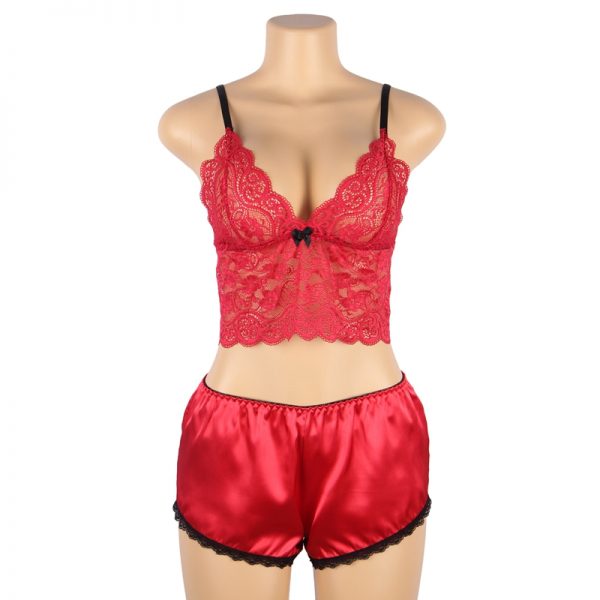 Women Hollow Sexy Sleepwear Nightwear Lace Trim Satin Top Pyjama Sets