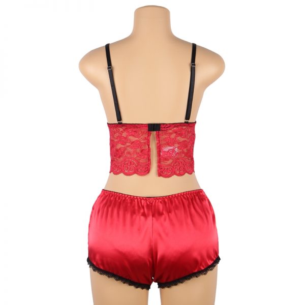 Women Hollow Sexy Sleepwear Nightwear Lace Trim Satin Top Pyjama Sets - Image 3