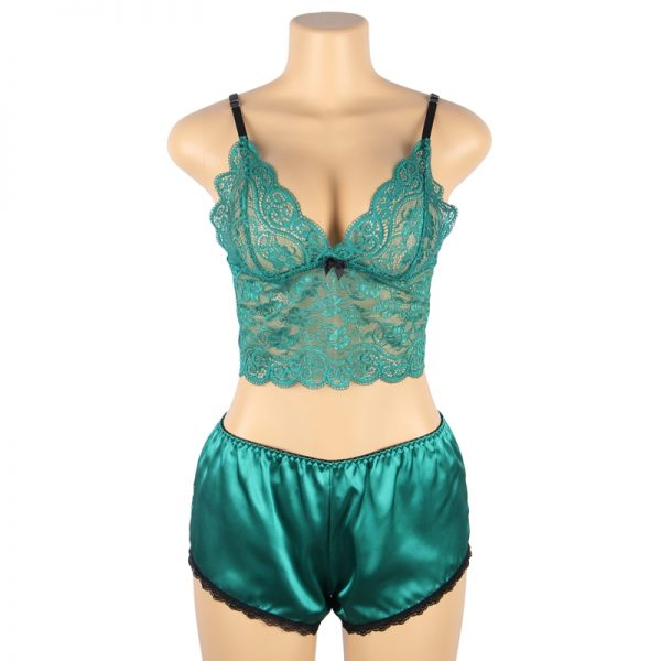 Women Hollow Sexy Sleepwear Nightwear Lace Trim Satin Top Pyjama Sets