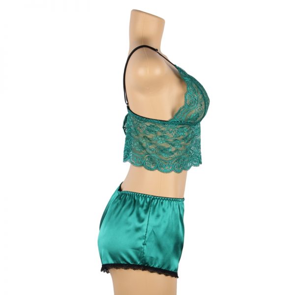 Women Hollow Sexy Sleepwear Nightwear Lace Trim Satin Top Pyjama Sets - Image 2