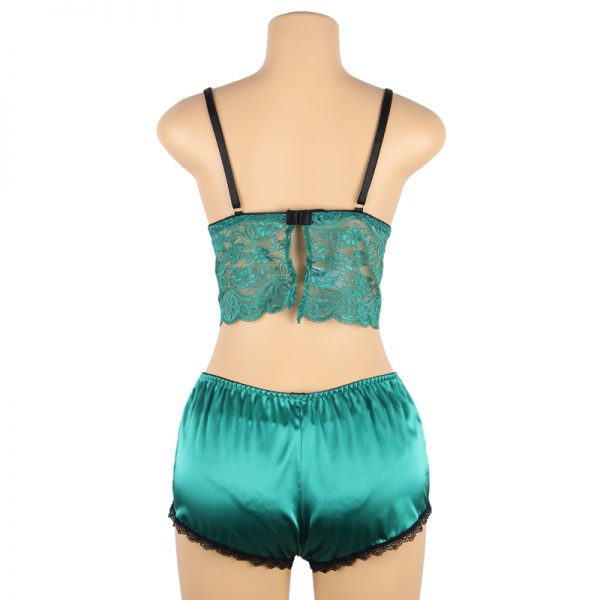 Women Hollow Sexy Sleepwear Nightwear Lace Trim Satin Top Pyjama Sets - Image 3