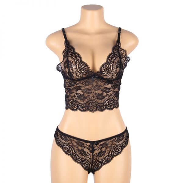 Women Hollow Sexy Sleepwear Black Nightwear Lace Trim Satin Top Pyjama Sets