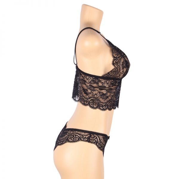 Women Hollow Sexy Sleepwear Black Nightwear Lace Trim Satin Top Pyjama Sets - Image 2