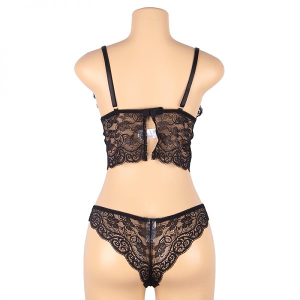 Women Hollow Sexy Sleepwear Black Nightwear Lace Trim Satin Top Pyjama Sets - Image 3
