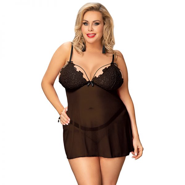 Plus Size Black Lace High-end Delicate Embroidery Babydoll Lingerie Set