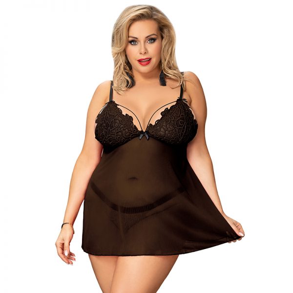 Plus Size Black Lace High-end Delicate Embroidery Babydoll Lingerie Set - Image 2