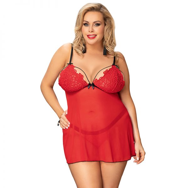 Plus Size Red Lace High-end Delicate Embroidery Babydoll Lingerie Set