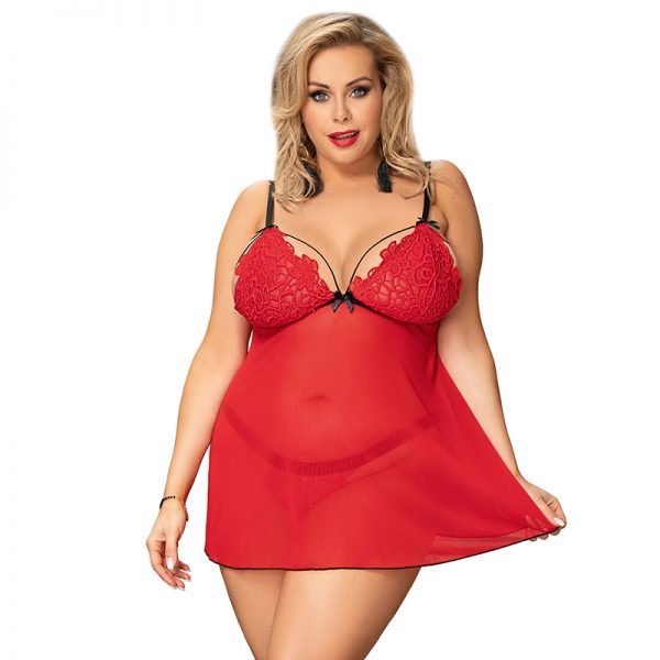 Plus Size Red Lace High-end Delicate Embroidery Babydoll Lingerie Set - Image 2