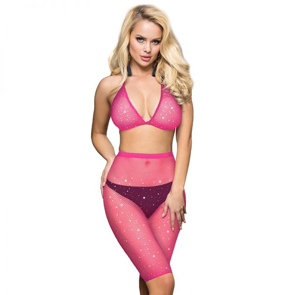 Pink Two Piece Fishnet Rhinestone See Through Bikini Top and Shorts Set - Image 3