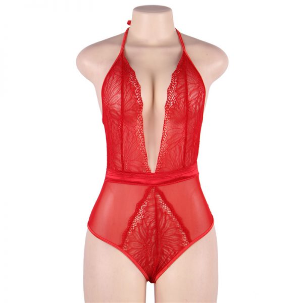 Red Lace Hollow Out High Quality Deep V Sexy Body