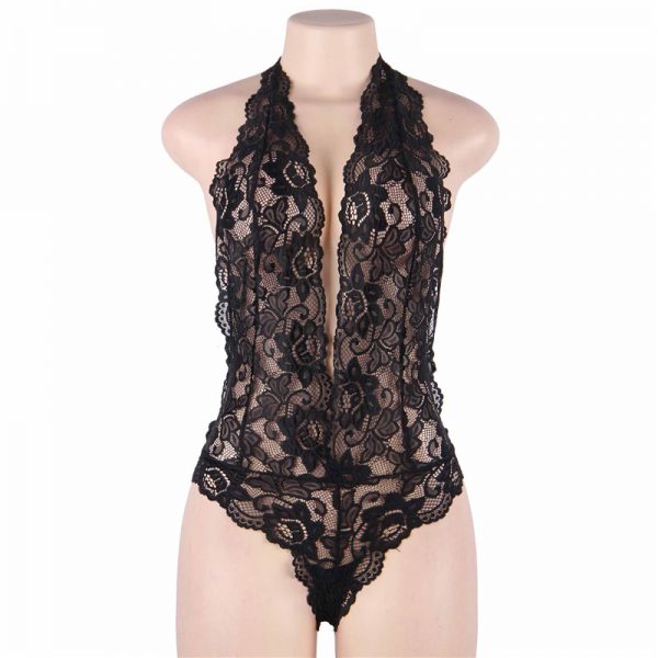 Black Backless Deep V Exquisite Lace Body