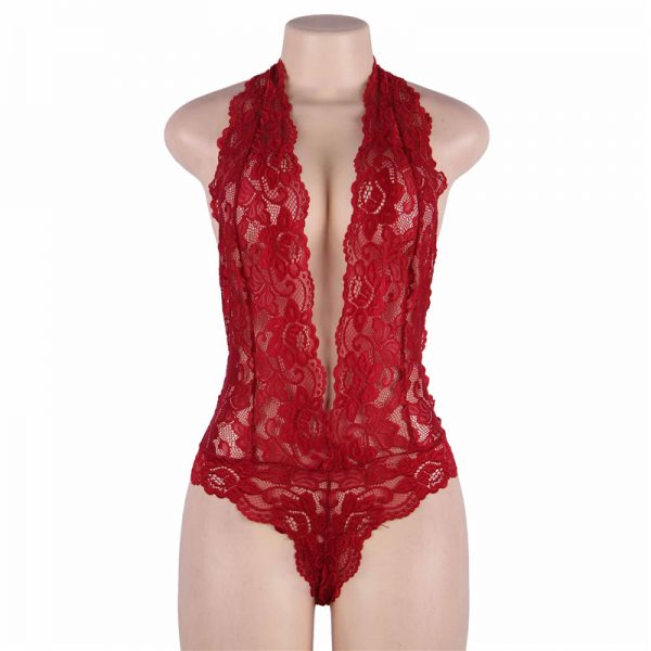 Red Backless Deep V Exquisite Lace Body