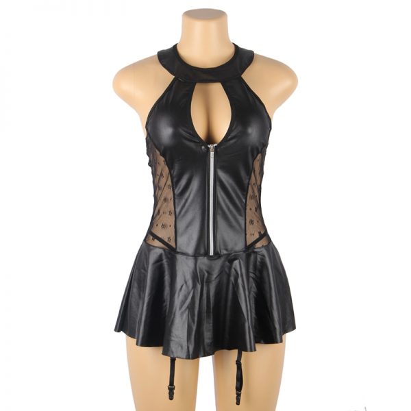 Black Sexy Halter Leather Lace Stitching Gartered Lingerie - Image 2