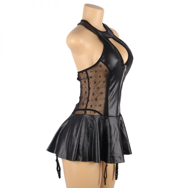Black Sexy Halter Leather Lace Stitching Gartered Lingerie - Image 3