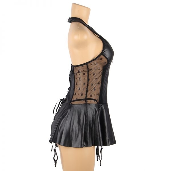 Black Sexy Halter Leather Lace Stitching Gartered Lingerie - Image 4