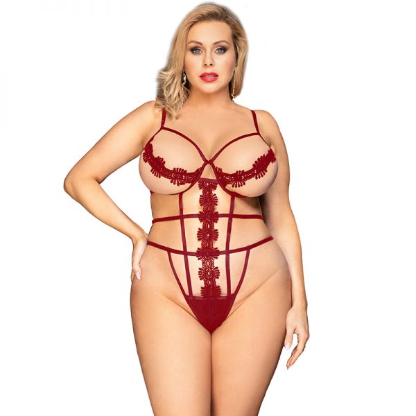 Plus Size Red Delicate Flowers Lace Hollow Out Body With Underwire