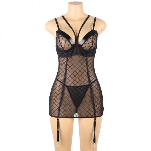 Black Perspective Lace Check Gartered Lingerie