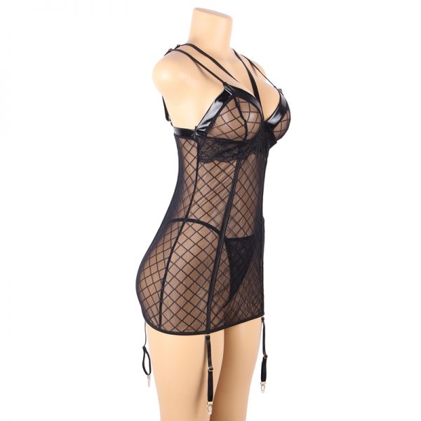 Black Perspective Lace Check Gartered Lingerie - Image 3
