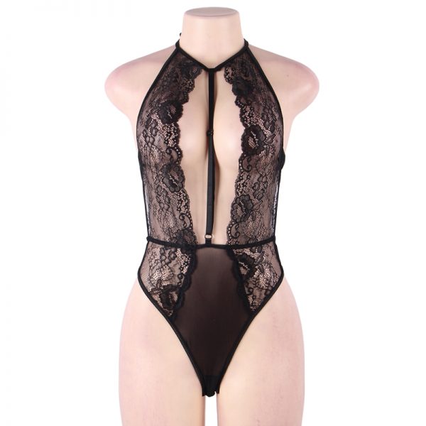Black Backless Deep V Exquisite Lace Body