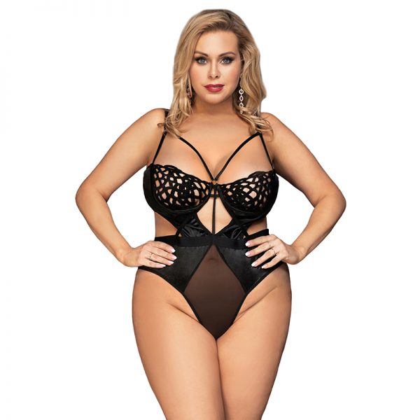 Plus Black Lace Hollow Out Cup Teddy With Underwire