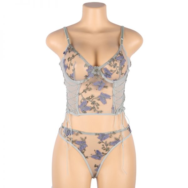Lilac Butterfly Mesh Lingerie Set With Underwire