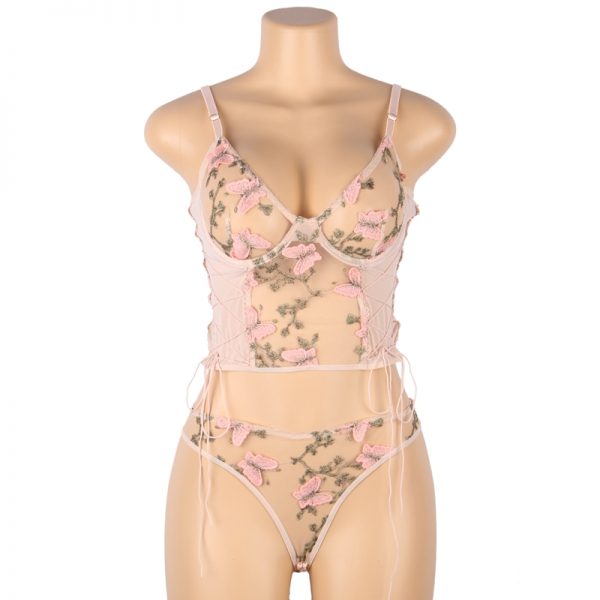 Pink Butterfly Mesh Lingerie Set With Underwire