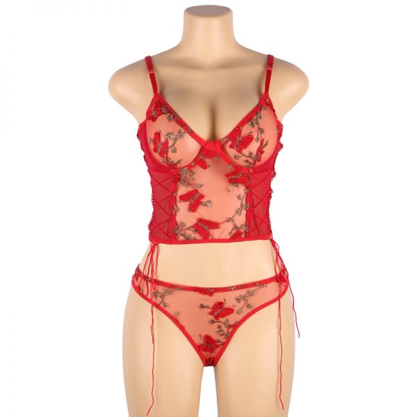 Red Butterfly Mesh Lingerie Set With Underwire